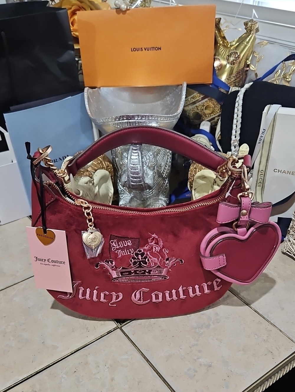 NWT! Juicy Couture "CROWN" Velvet Shoulder Bag w/ Heart Charm/Mirror